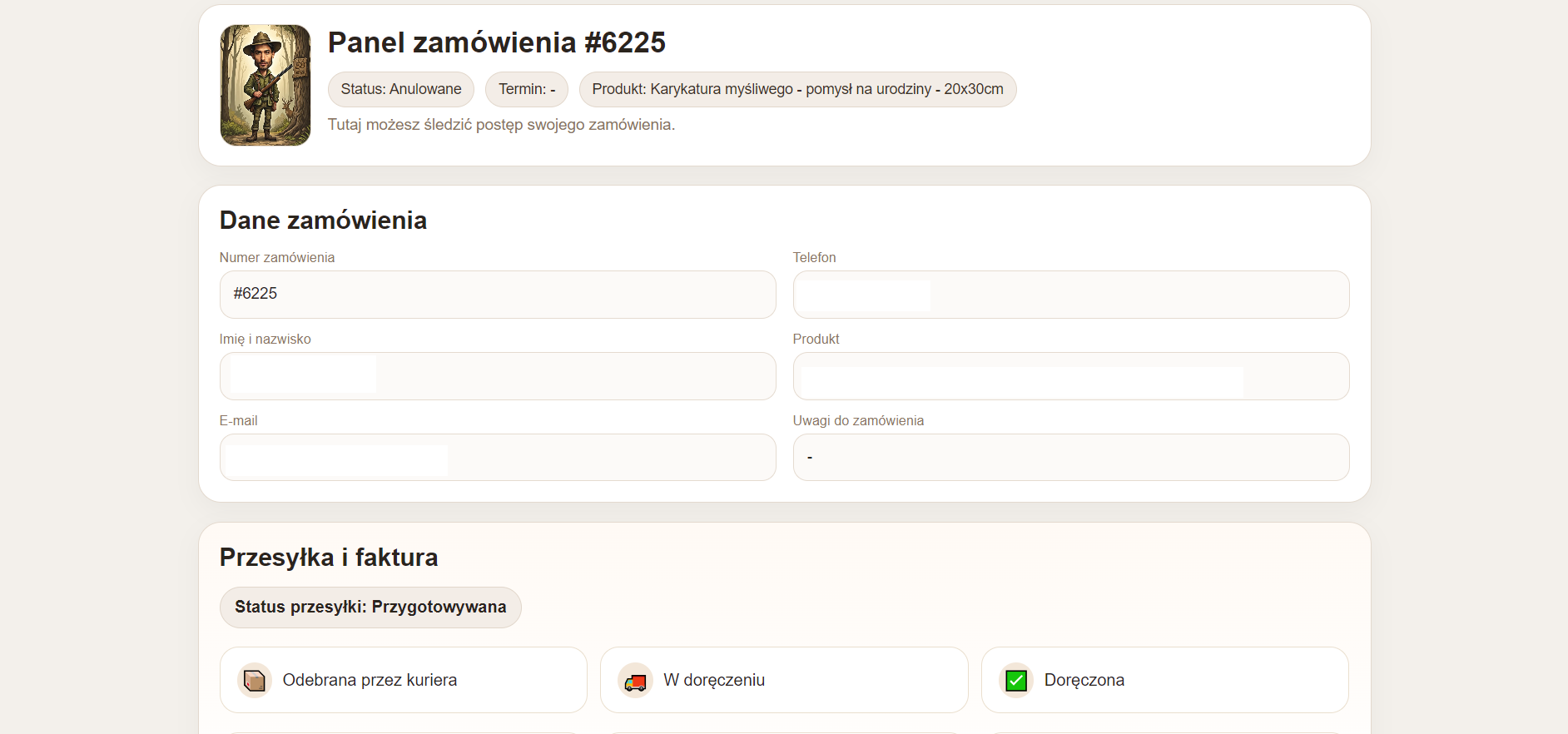 Panel klienta z informacjami o zamówieniu, statusie przesyłki i fakturze